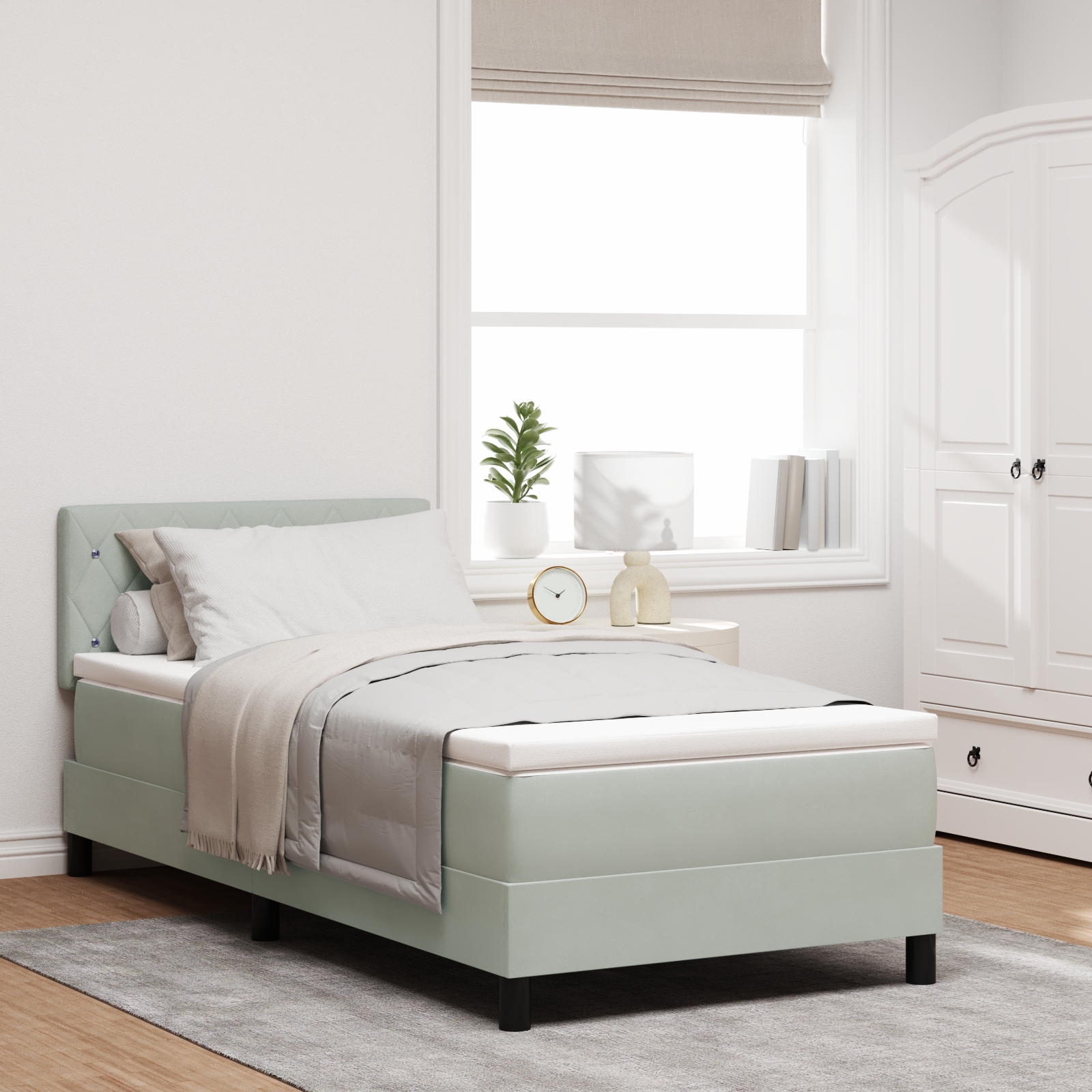 LED Boxspringbett mit Matratze Hellgrau 90x200 cm Samt
