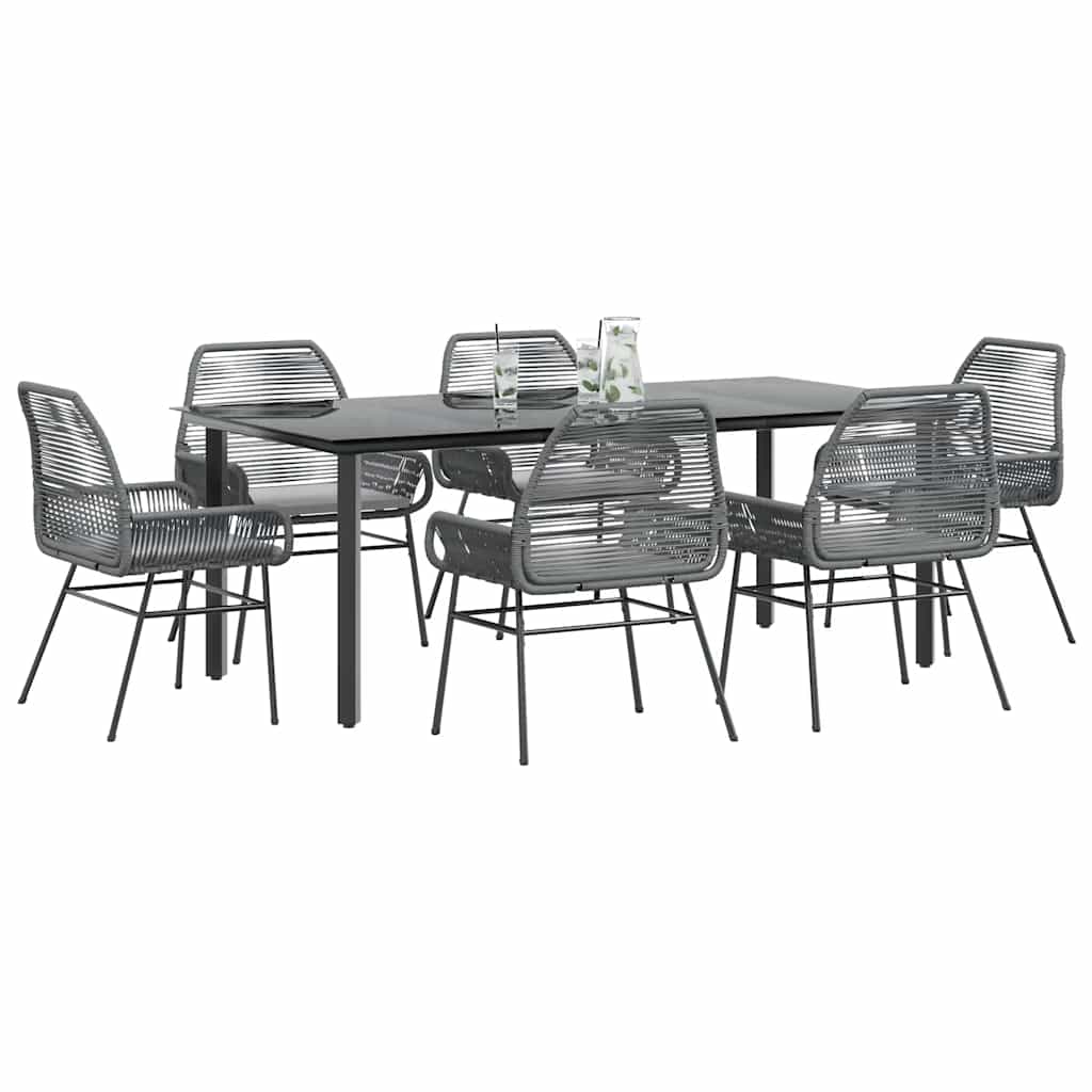 7-tlg. Garten-Essgruppe mit Kissen Grau Poly Rattan Glas 7-tlg. Garten-Essgruppe mit Kissen Grau Poly Rattan Glas