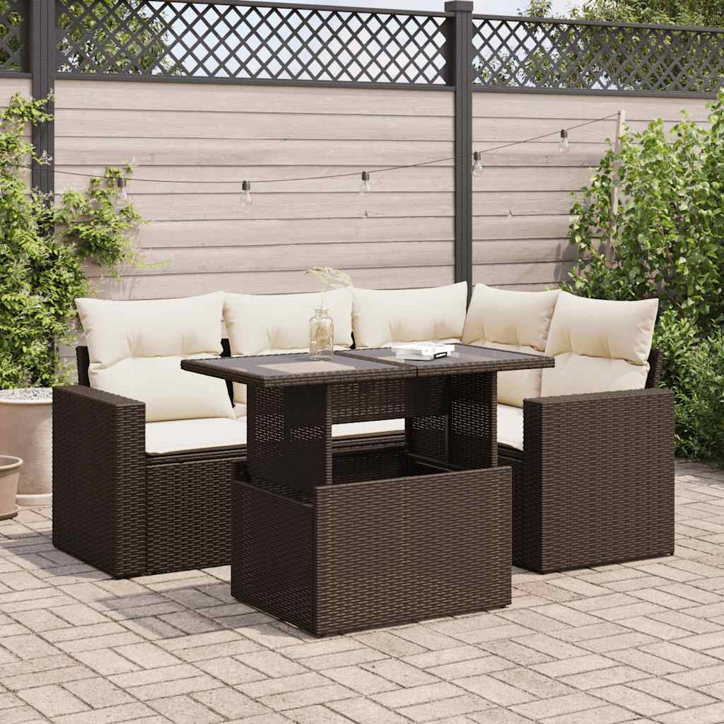 5-tlg. Garten-Sofagarnitur mit Kissen Braun Poly Rattan 5-tlg. Garten-Sofagarnitur mit Kissen Braun Poly Rattan