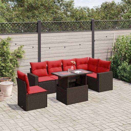 7-teiliges Gartensofa-Set mit Kissen, braun, Polyrattan 7-teiliges Gartensofa-Set mit Kissen, braun, Polyrattan