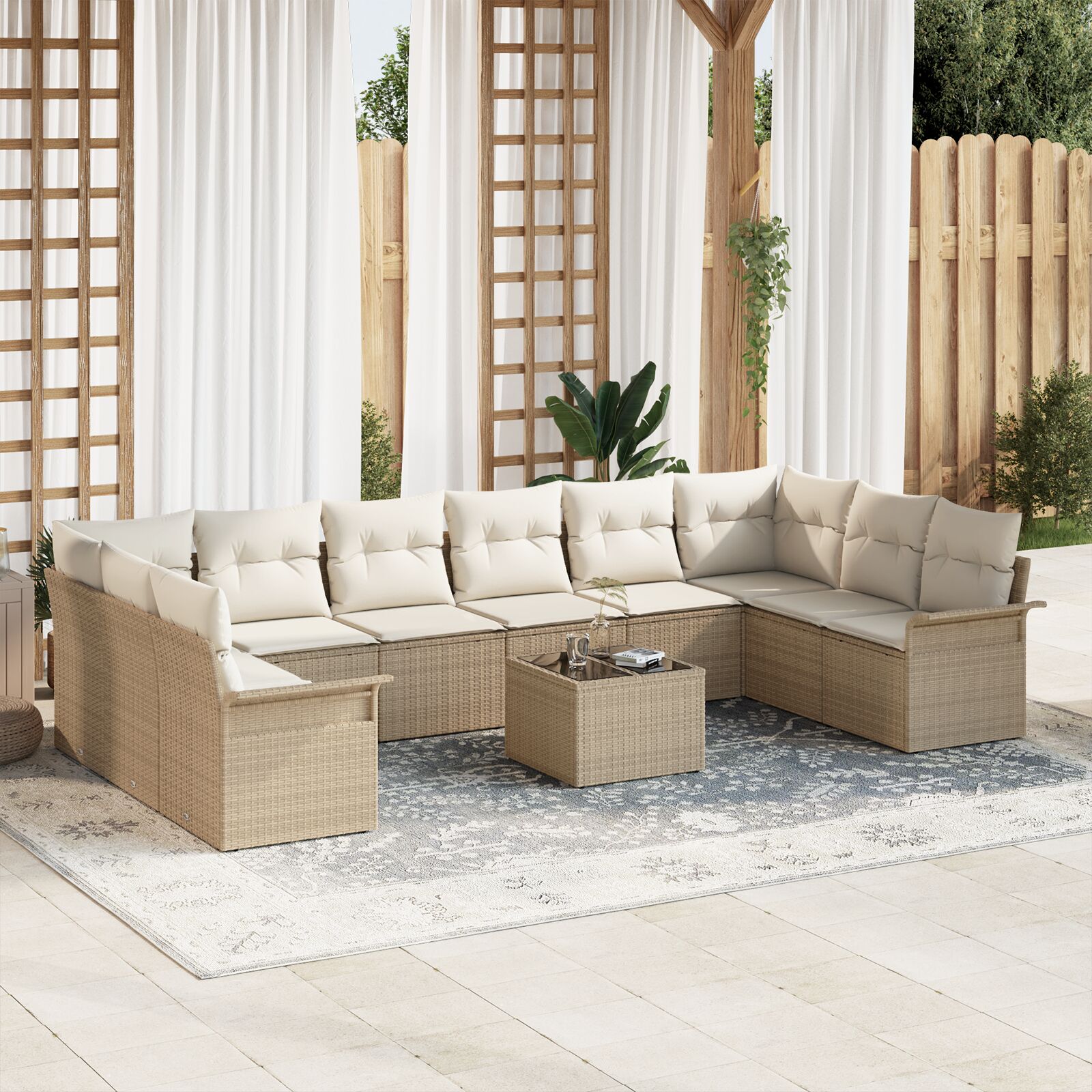 11-teiliges Garten Sofa Set mit Kissen in Braun Poly Rattan 11-teiliges Garten Sofa Set mit Kissen in Braun Poly Rattan