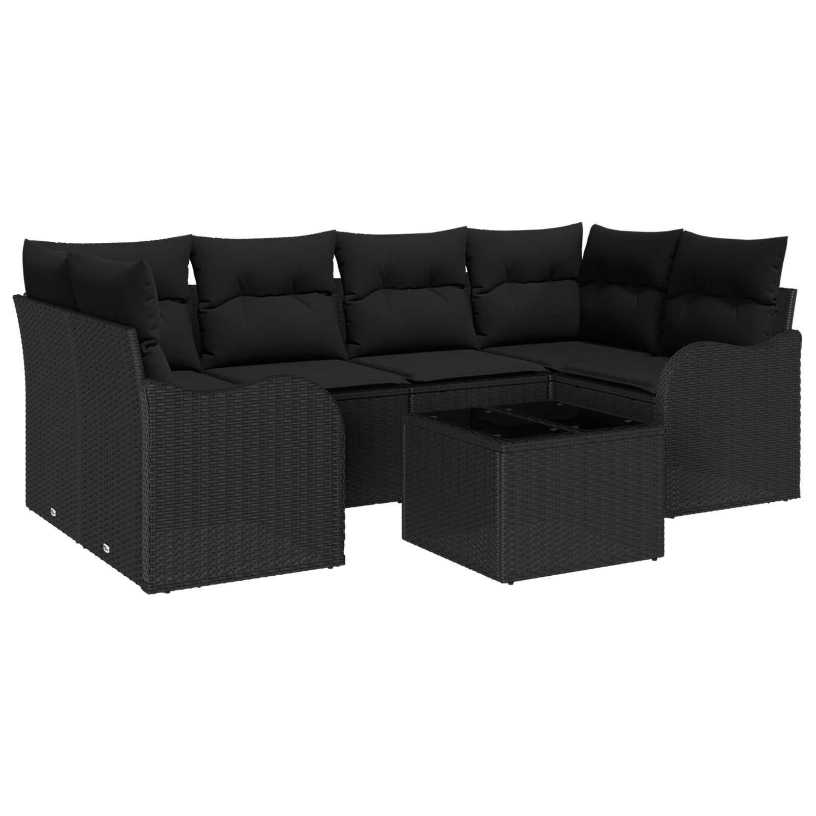 7-teiliges Garten-Sofa-Set mit Kissen Schwarzes Poly-Rattan, 2-Sitzer Garten-Sofa mit Kissen Schwarzes Poly-Rattan