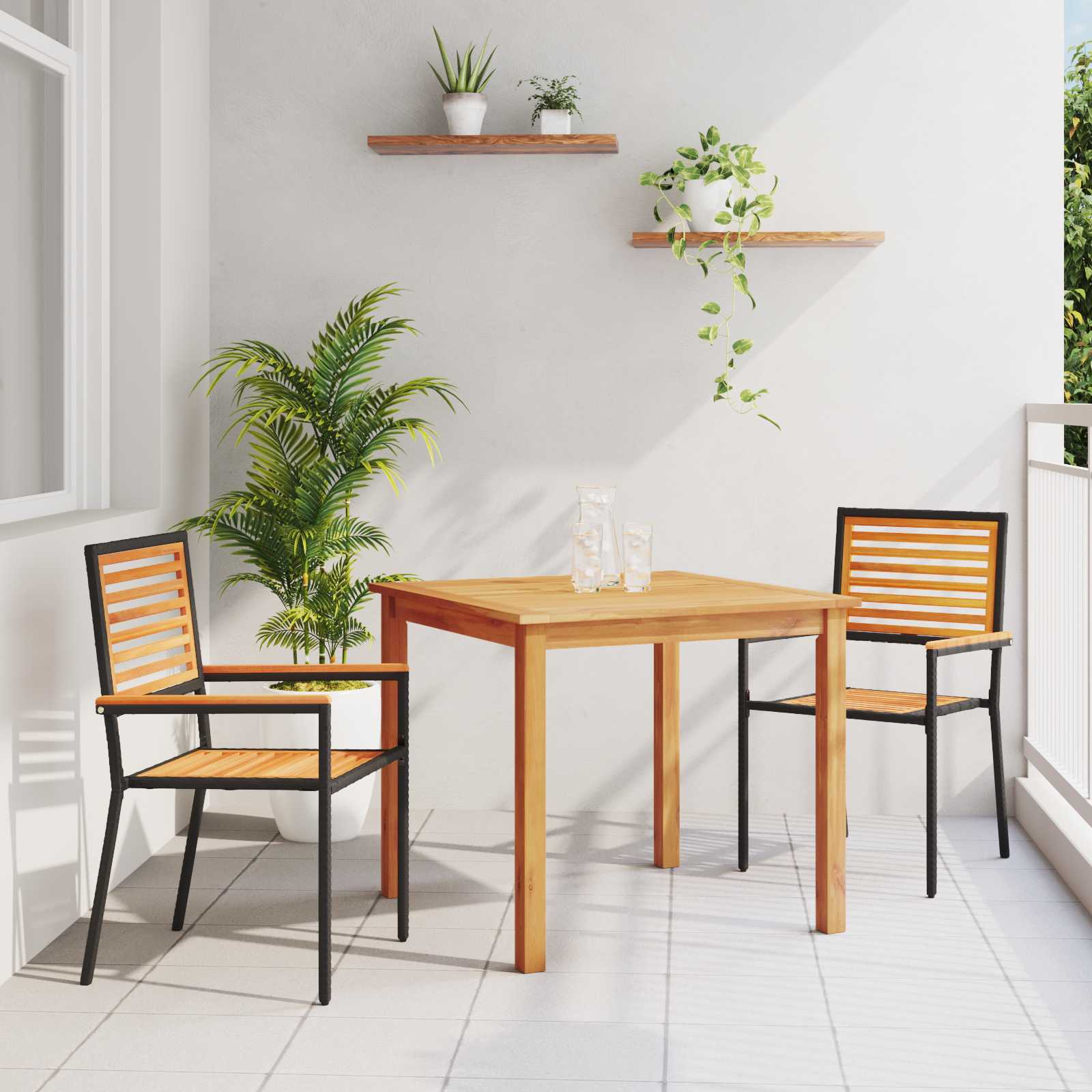 3-teiliges Garten Esstisch Set schwarzes Poly Rattan Akazie 3-teiliges Garten Esstisch Set schwarzes Poly Rattan Akazie
