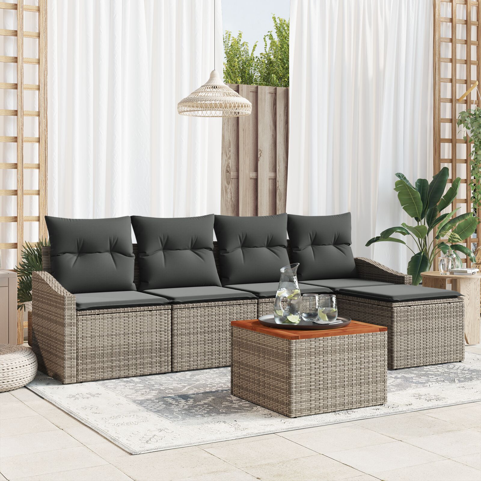 6-teiliges Garten-Sofa-Set mit Kissen Grau Poly-Rattan Akazie