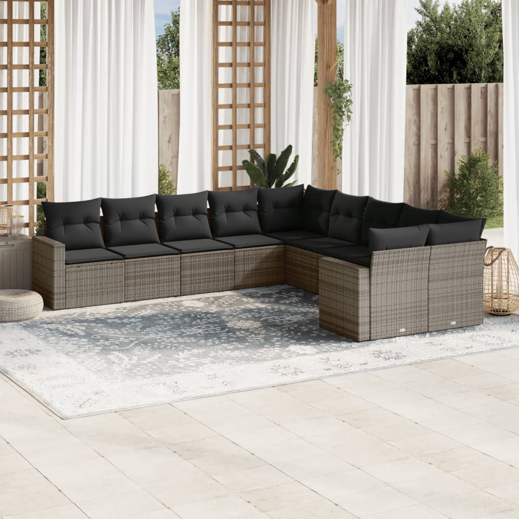 10-tlg. Garten-Sofagarnitur mit Kissen Grau Poly Rattan 10-tlg. Garten-Sofagarnitur mit Kissen Grau Poly Rattan