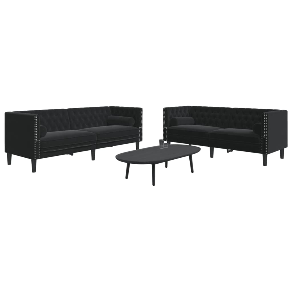 2-tlg. Chesterfield-Sofa-Set mit Nackenrollen Schwarz Samt 2-tlg. Chesterfield-Sofa-Set mit Nackenrollen Schwarz Samt