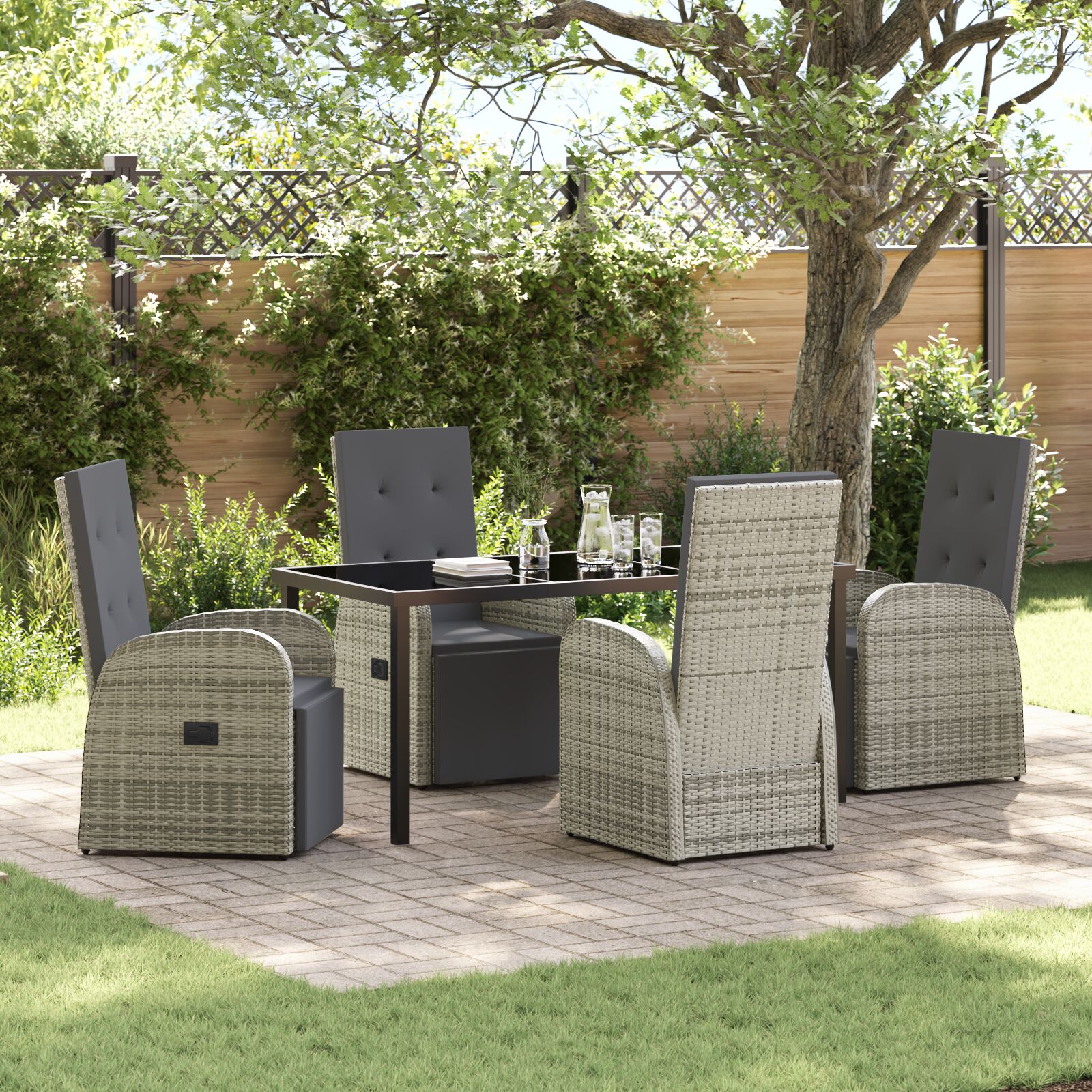5-teiliges Garten-Dining-Set mit Kissen Grau Poly-Rattan