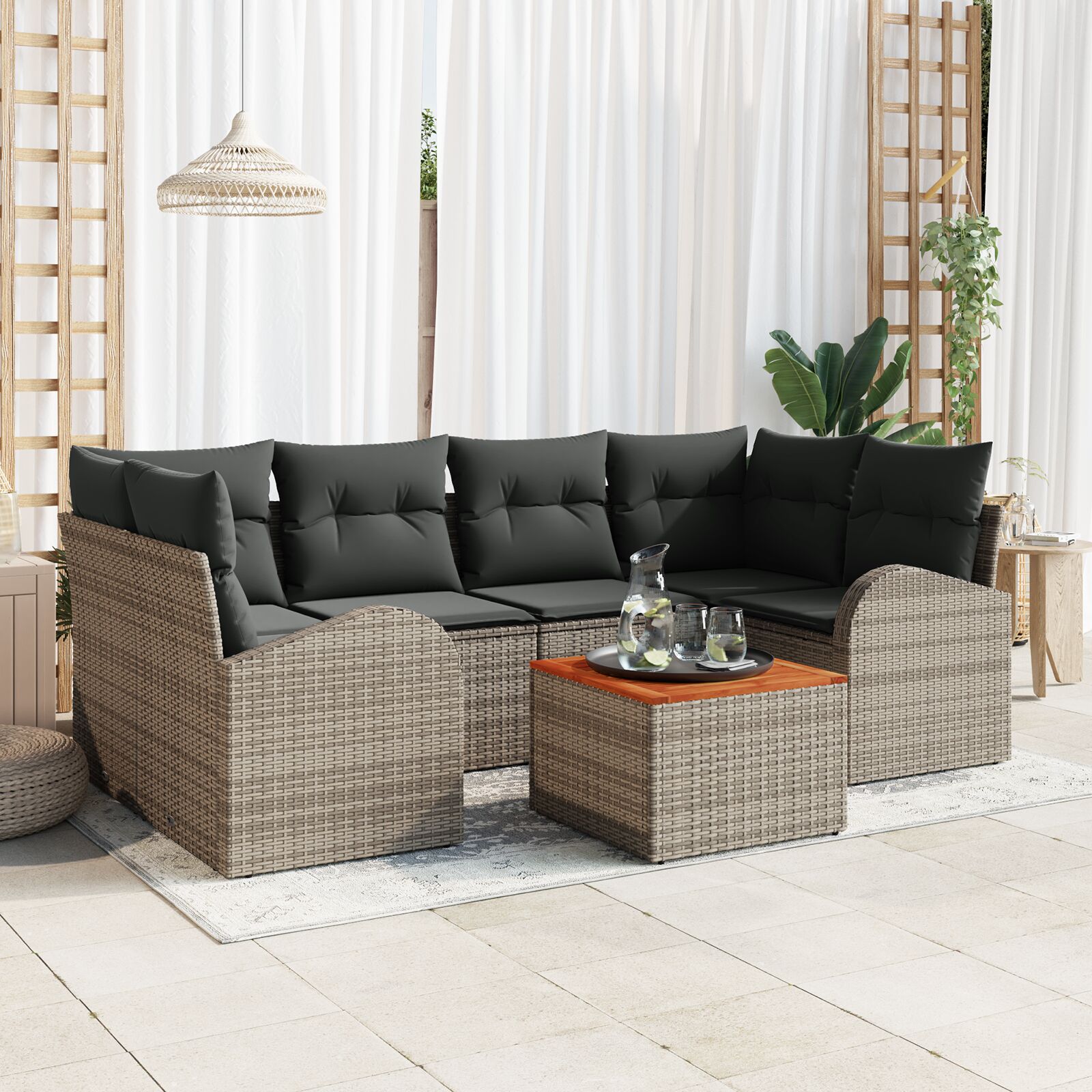 7-teiliges Gartensofa Set mit Kissen Grau Poly Rattan Akazie 7-teiliges Gartensofa Set mit Kissen Grau Poly Rattan Akazie