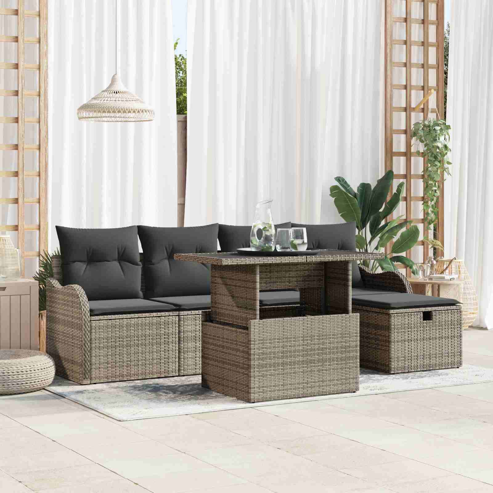 6-teiliges Garten-Sofa-Set mit Kissen Grau Poly-Rattan 6-teiliges Garten-Sofa-Set mit Kissen Grau Poly-Rattan