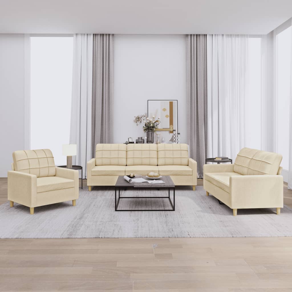 3-tlg. Sofagarnitur mit Kissen Creme Stoff 3-tlg. Sofagarnitur mit Kissen Creme Stoff