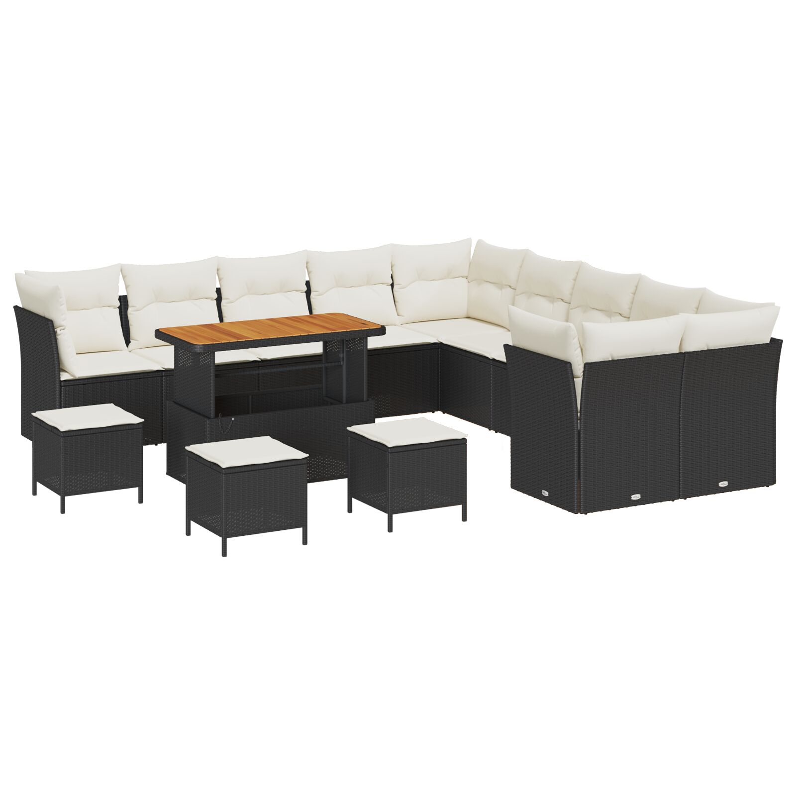 14-teiliges Garten-Sofa-Set mit Kissen Schwarzes Poly-Rattan Akazie, 4-teiliges Garten-Ess-Set mit Kissen Schwarzes Poly-Rattan Akazie