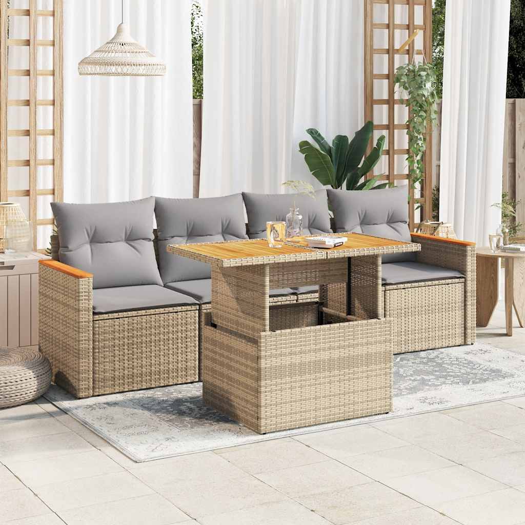 5-tlg. Garten-Sofagarnitur mit Kissen Beige Poly Rattan Akazie 5-tlg. Garten-Sofagarnitur mit Kissen Beige Poly Rattan Akazie
