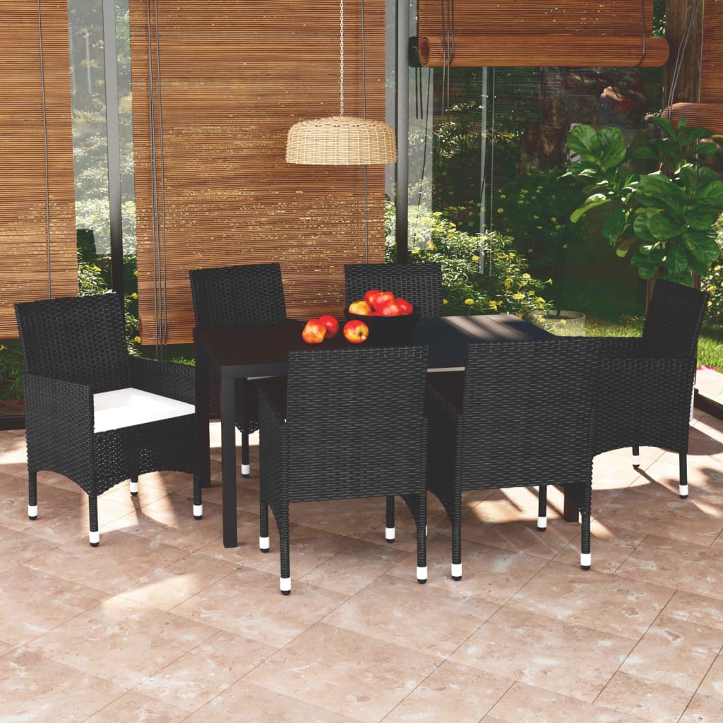 7-tlg. Garten-Essgruppe mit Kissen Poly Rattan Schwarz 7-tlg. Garten-Essgruppe mit Kissen Poly Rattan Schwarz