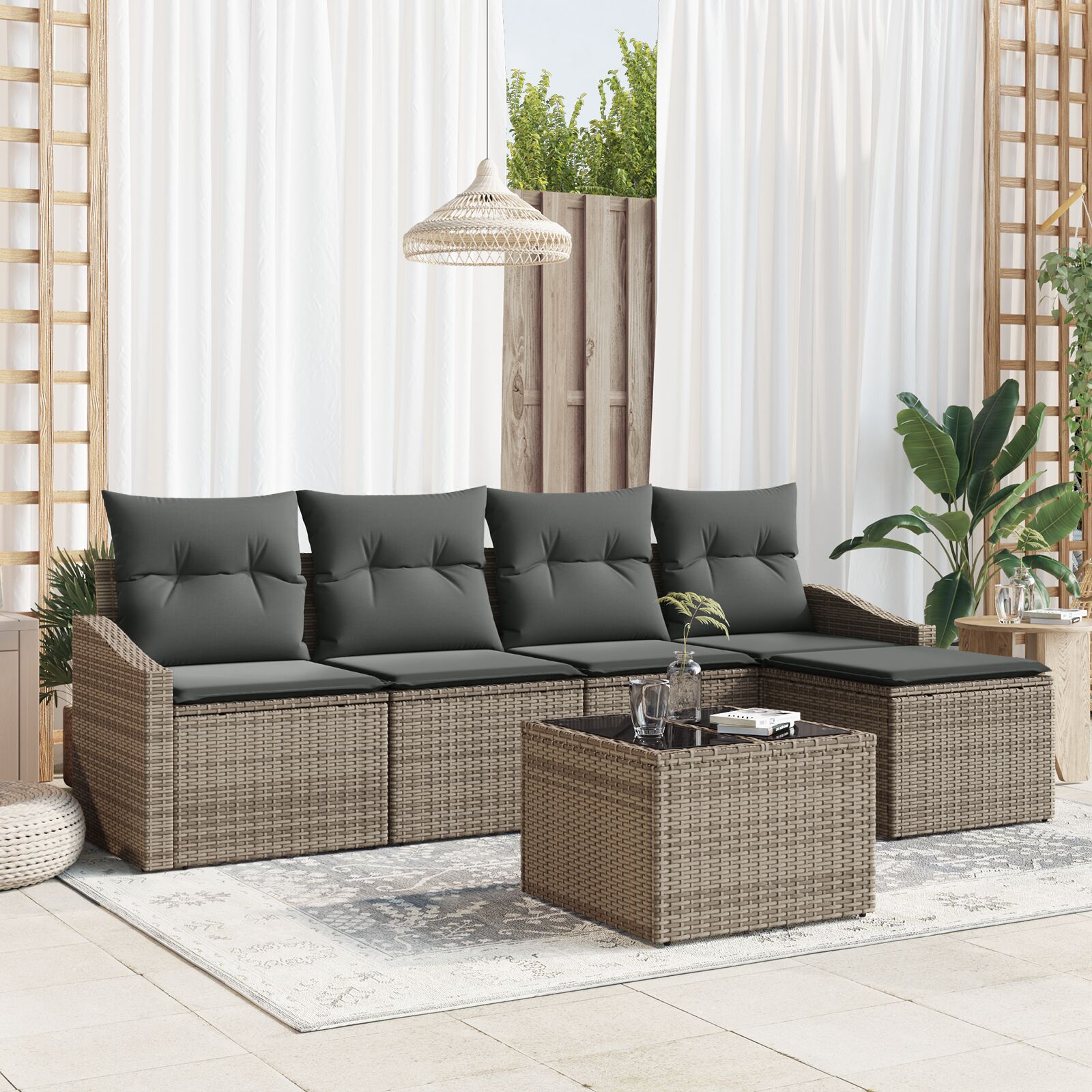 5-teiliges Garten-Essset mit Kissen Schwarz Poly-Rattan 5-teiliges Garten-Essset mit Kissen Schwarz Poly-Rattan