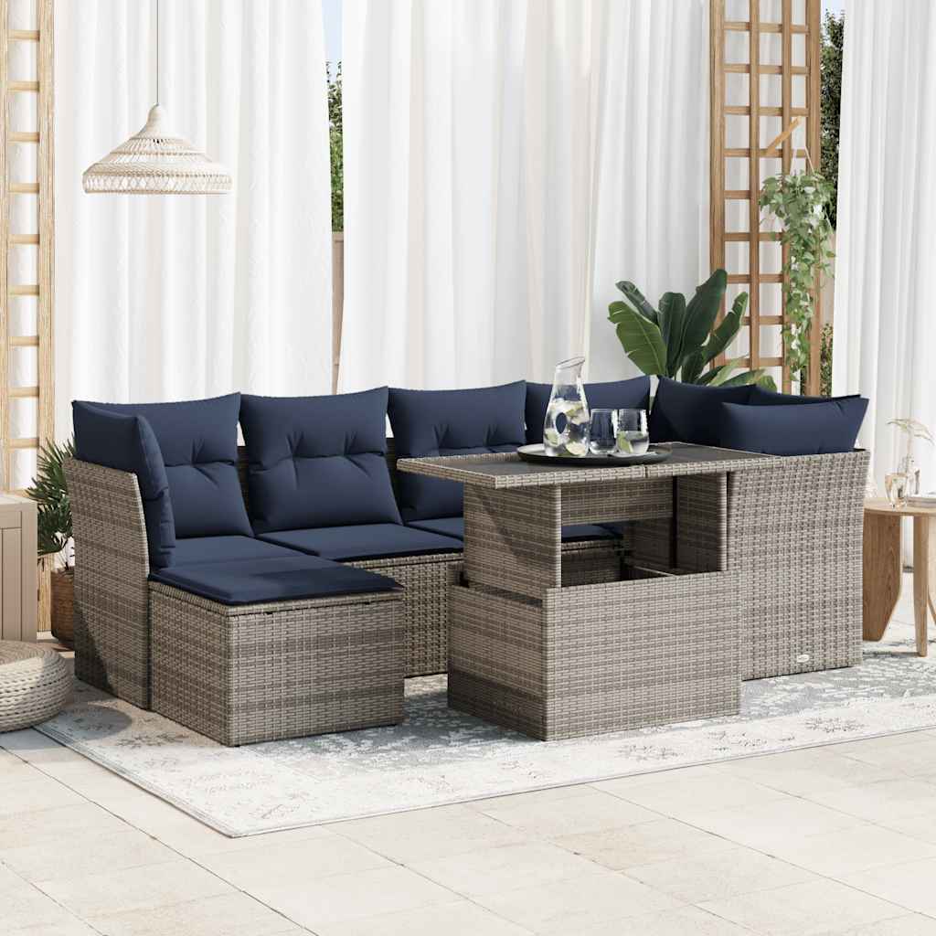 7-tlg. Garten-Sofagarnitur mit Kissen Grau Poly Rattan Akazie 7-tlg. Garten-Sofagarnitur mit Kissen Grau Poly Rattan Akazie