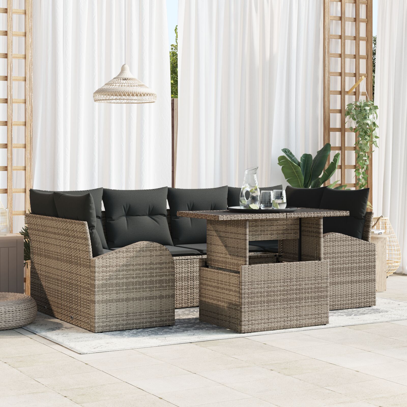 7-teiliges Garten Sofa Set mit Kissen Grau Poly Rattan
