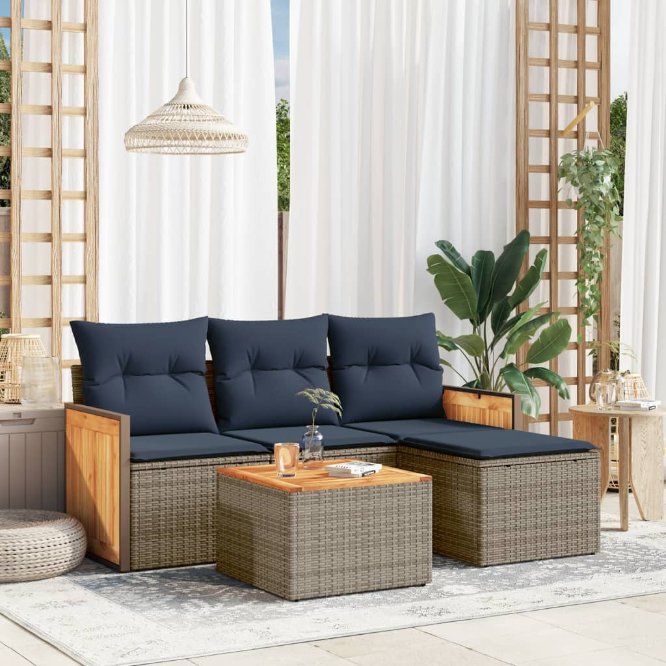 5-teiliges Gartensofa-Set mit Kissen, grau, Polyrattan 5-teiliges Gartensofa-Set mit Kissen, grau, Polyrattan