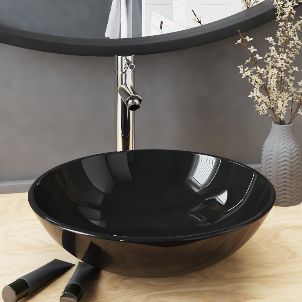 Badezimmer Waschbecken mit Wasserhahn und Ablaufgarnitur Schwarz gehärtetes Glas Badezimmer Waschbecken mit Wasserhahn und Ablaufgarnitur Schwarz gehärtetes Glas