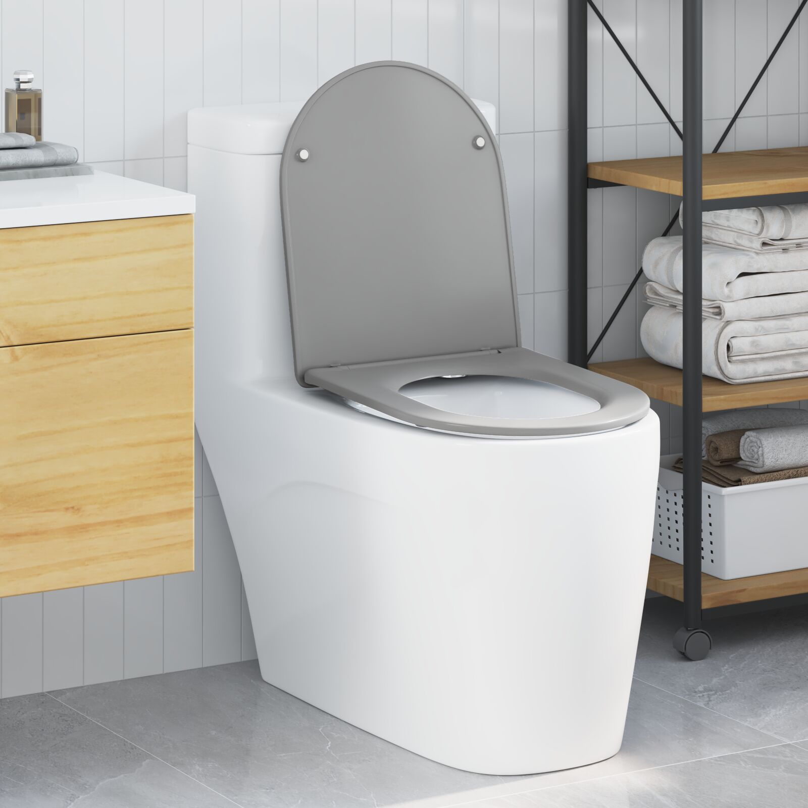 Toilettensitz mit Schnellverschluss und sanftem Schließen aus Duroplast in Grau