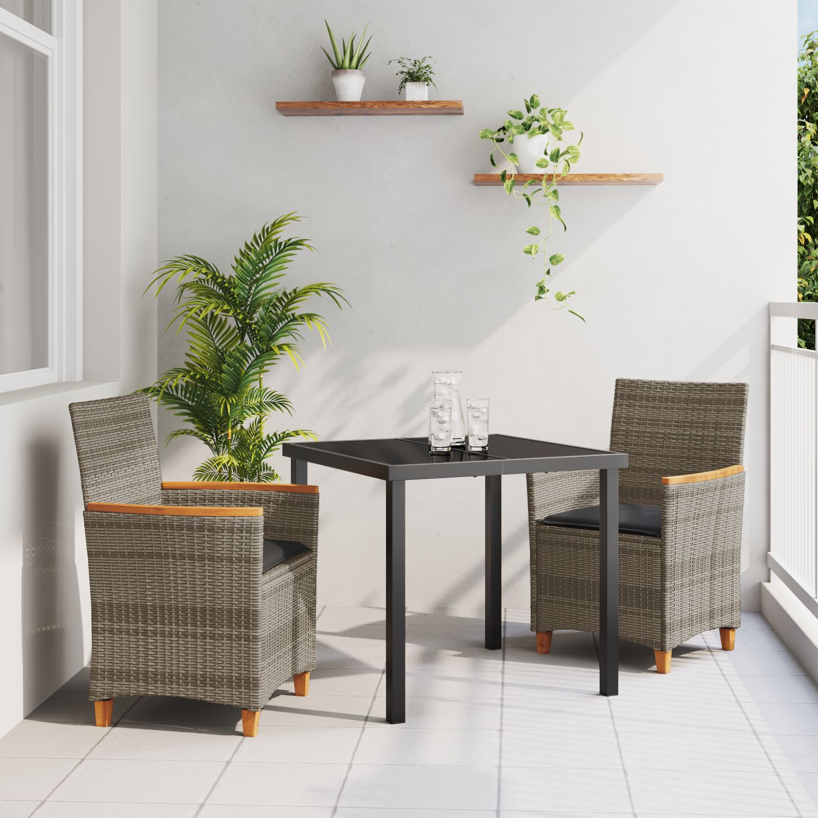 3-teiliges Garten-Dining-Set mit Kissen in Grau aus Poly-Rattan