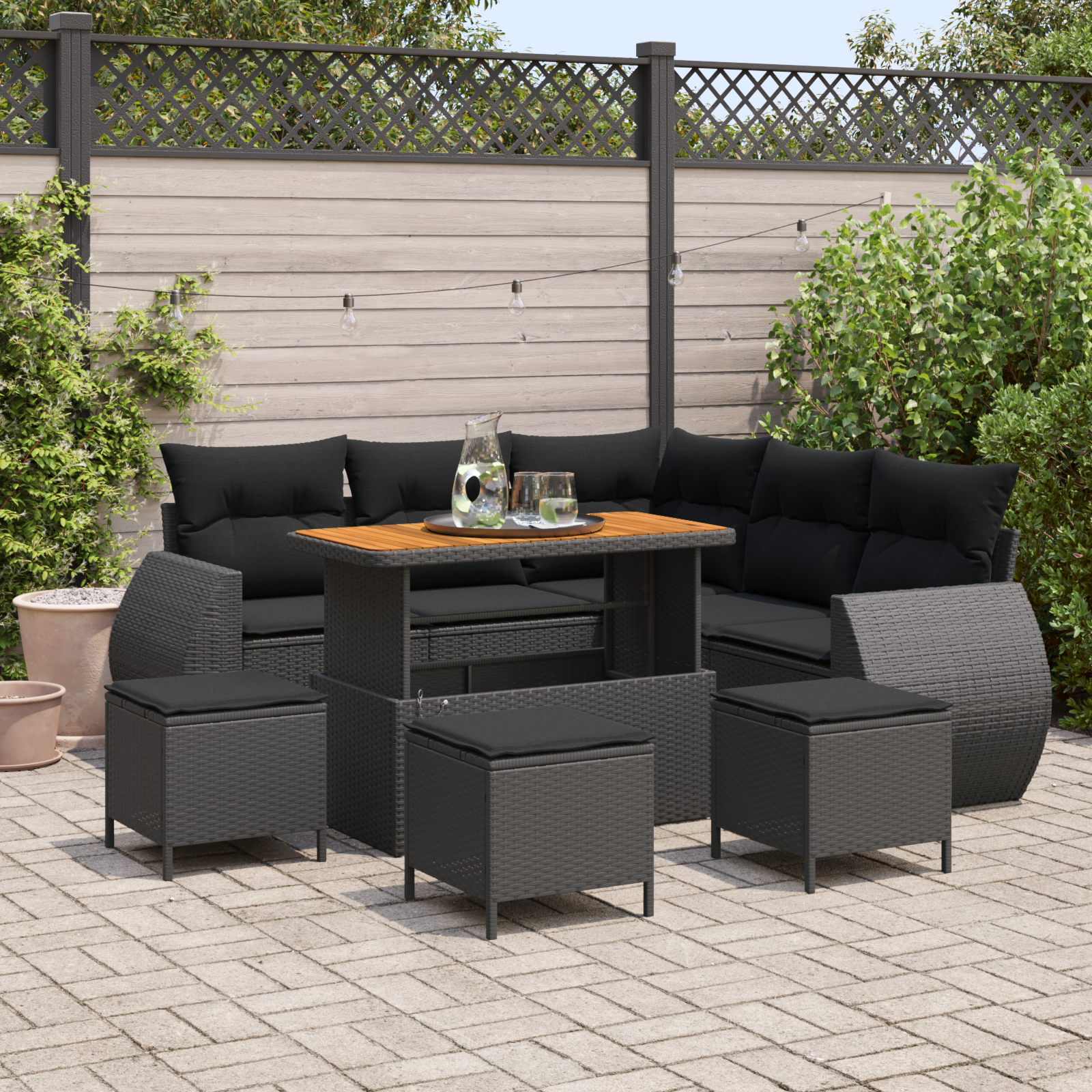 9-teiliges Garten-Sofa-Set mit Kissen Schwarz Poly-Rattan Akazie 9-teiliges Garten-Sofa-Set mit Kissen Schwarz Poly-Rattan Akazie