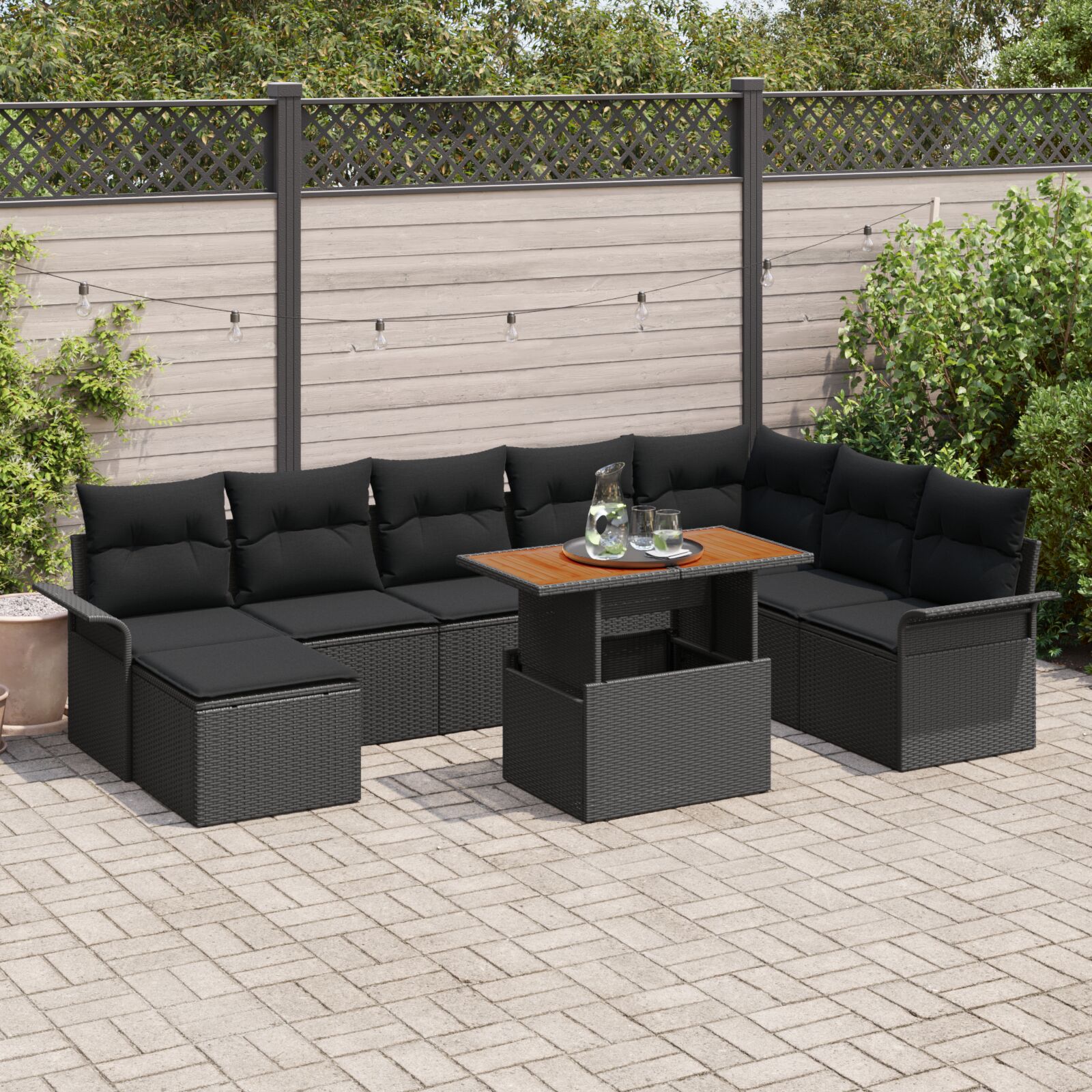 9-teiliges Garten Esstisch Set mit Kissen Schwarz Poly Rattan Akazie 9-teiliges Garten Esstisch Set mit Kissen Schwarz Poly Rattan Akazie