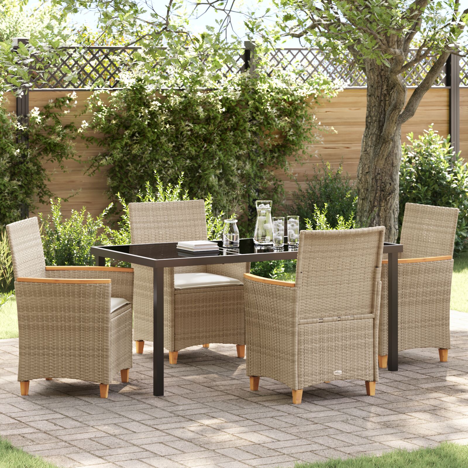 5-teiliges Garten-Ess-Set mit Kissen Beige Poly-Rattan