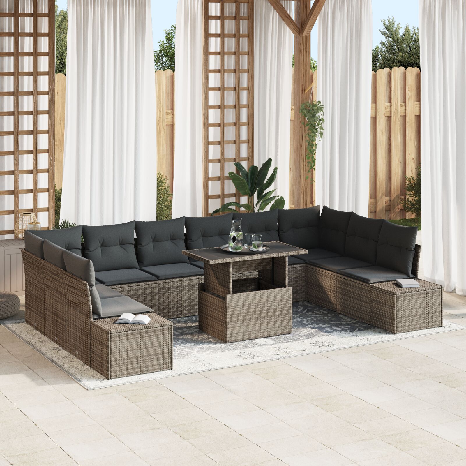vidaXL Garten Sofa Set 11 Teile Grau Rattan, Polyesterkissen