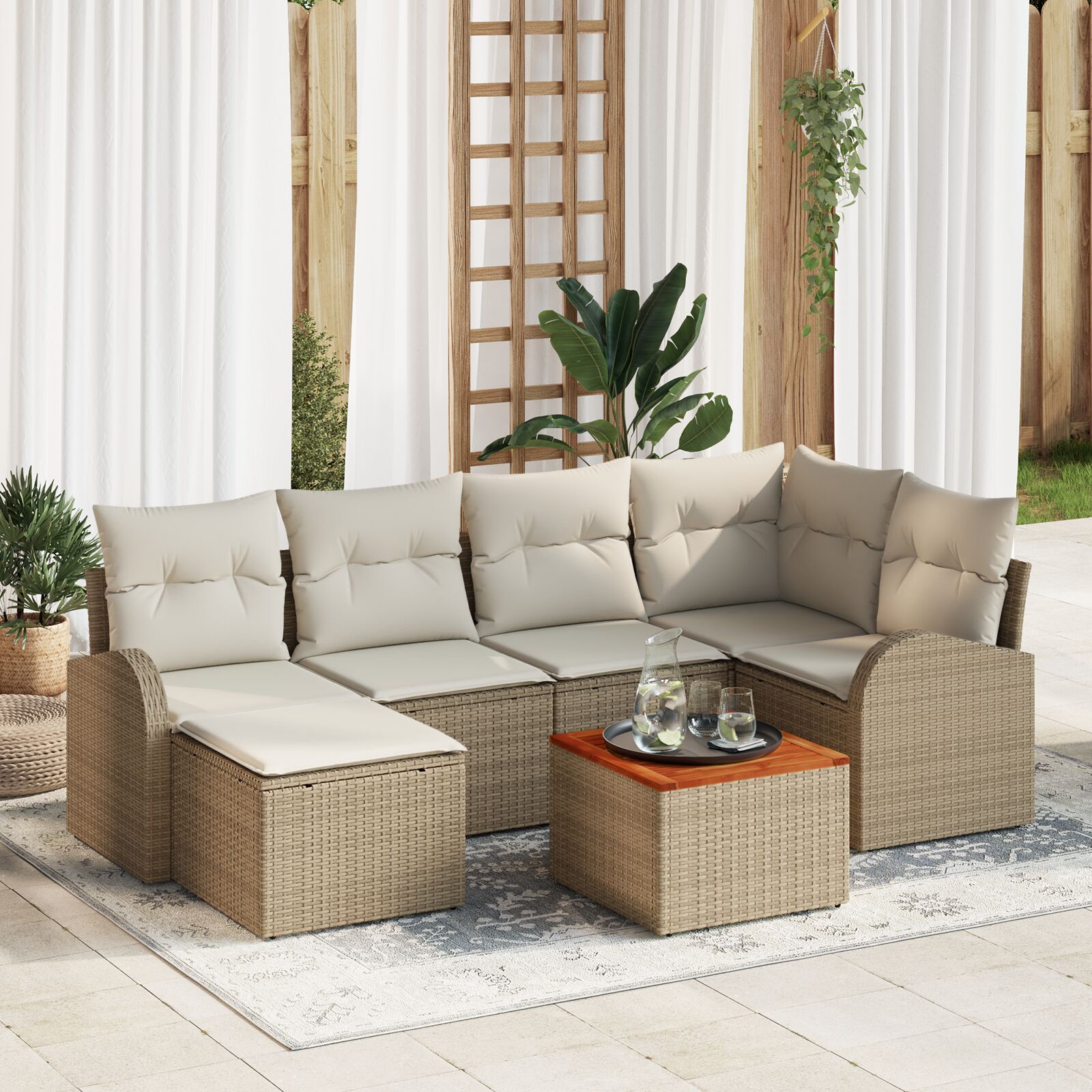 7-teiliges Garten-Sofa-Set mit Kissen Beige Poly Rattan Akazie 7-teiliges Garten-Sofa-Set mit Kissen Beige Poly Rattan Akazie