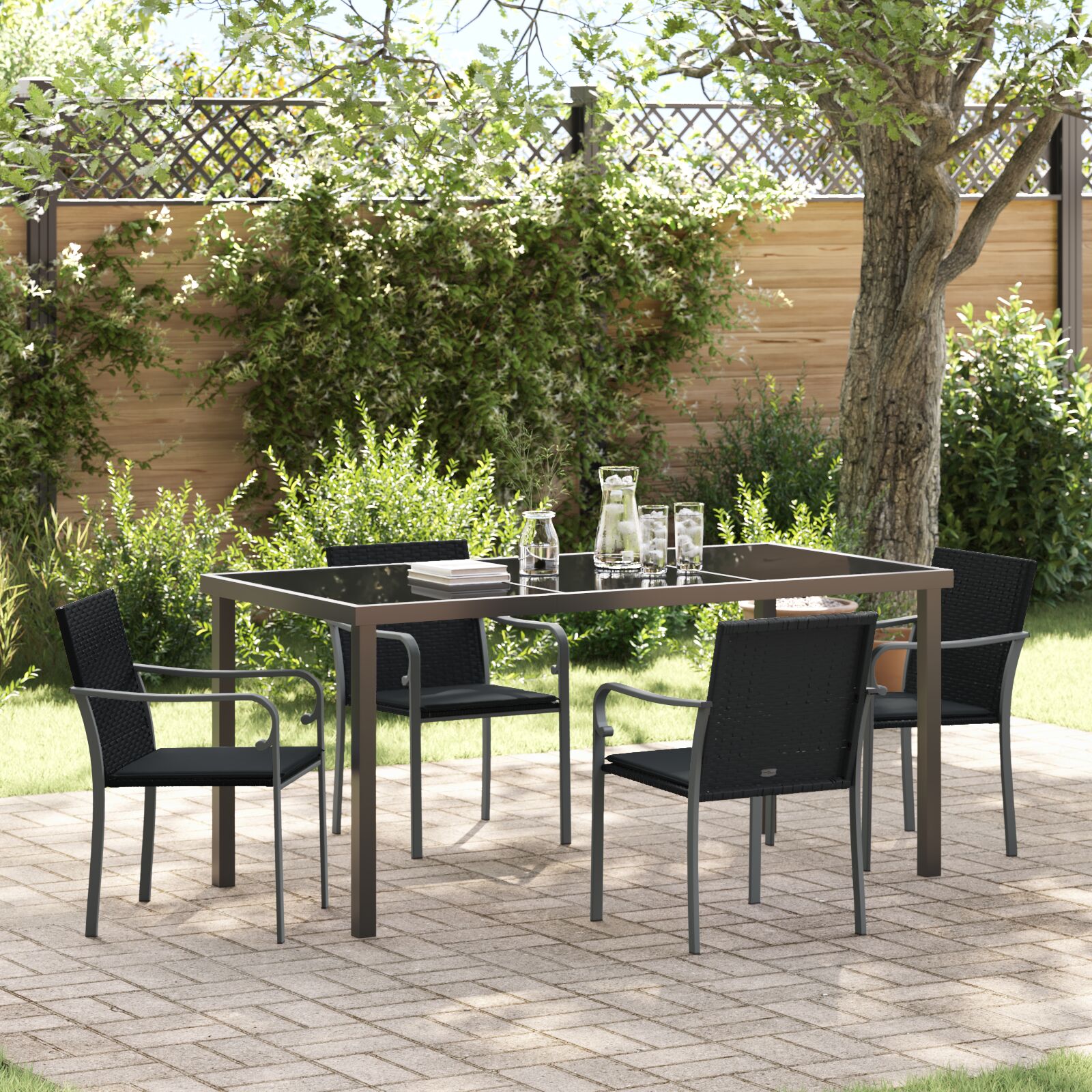 vidaXL 5-teiliges Garten-Dining-Set mit Kissen in Schwarz aus Poly Rattan vidaXL 5-teiliges Garten-Dining-Set mit Kissen in Schwarz aus Poly Rattan