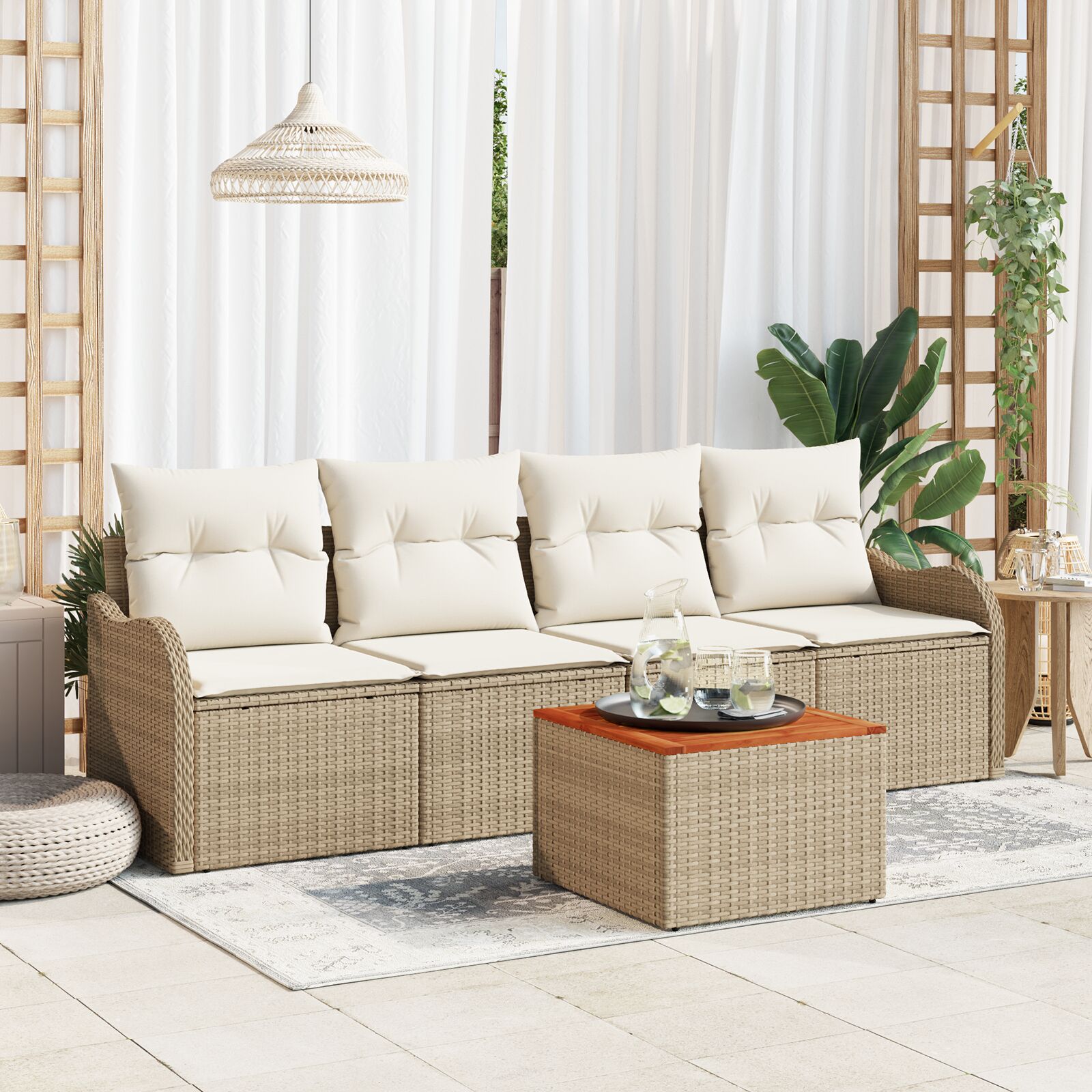 5-teiliges Garten Sofa Set mit Kissen Beige Poly Rattan Akazie 5-teiliges Garten Sofa Set mit Kissen Beige Poly Rattan Akazie