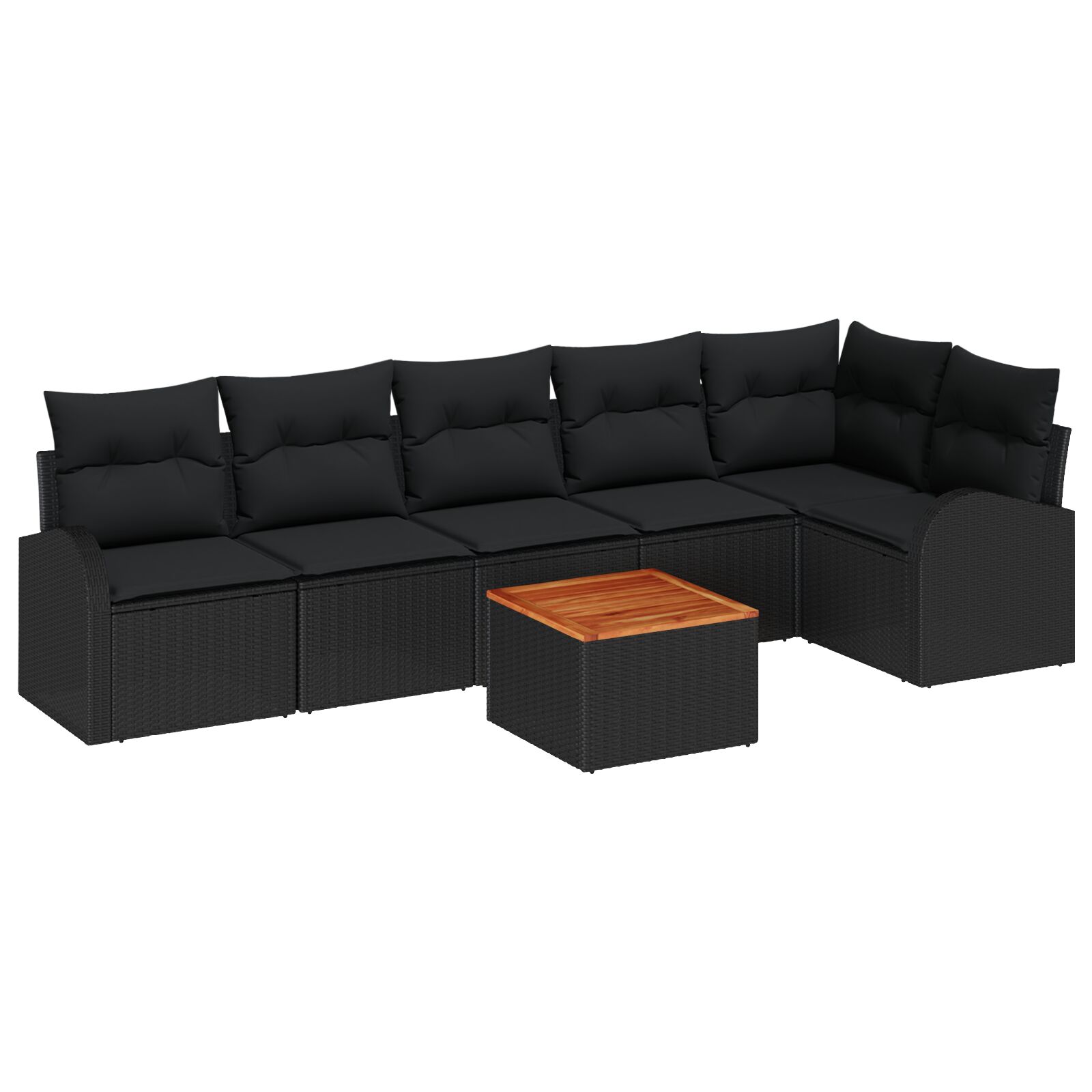 7-teiliges Garten-Sofa-Set mit Kissen Schwarz Poly Rattan Akazie, 2-Sitzer Garten-Sofa mit Stauraum & Kissen Schwarz Poly Rattan