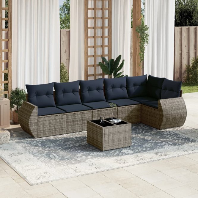 7-teiliges Gartensofa-Set mit Kissen, grau, Polyrattan 7-teiliges Gartensofa-Set mit Kissen, grau, Polyrattan