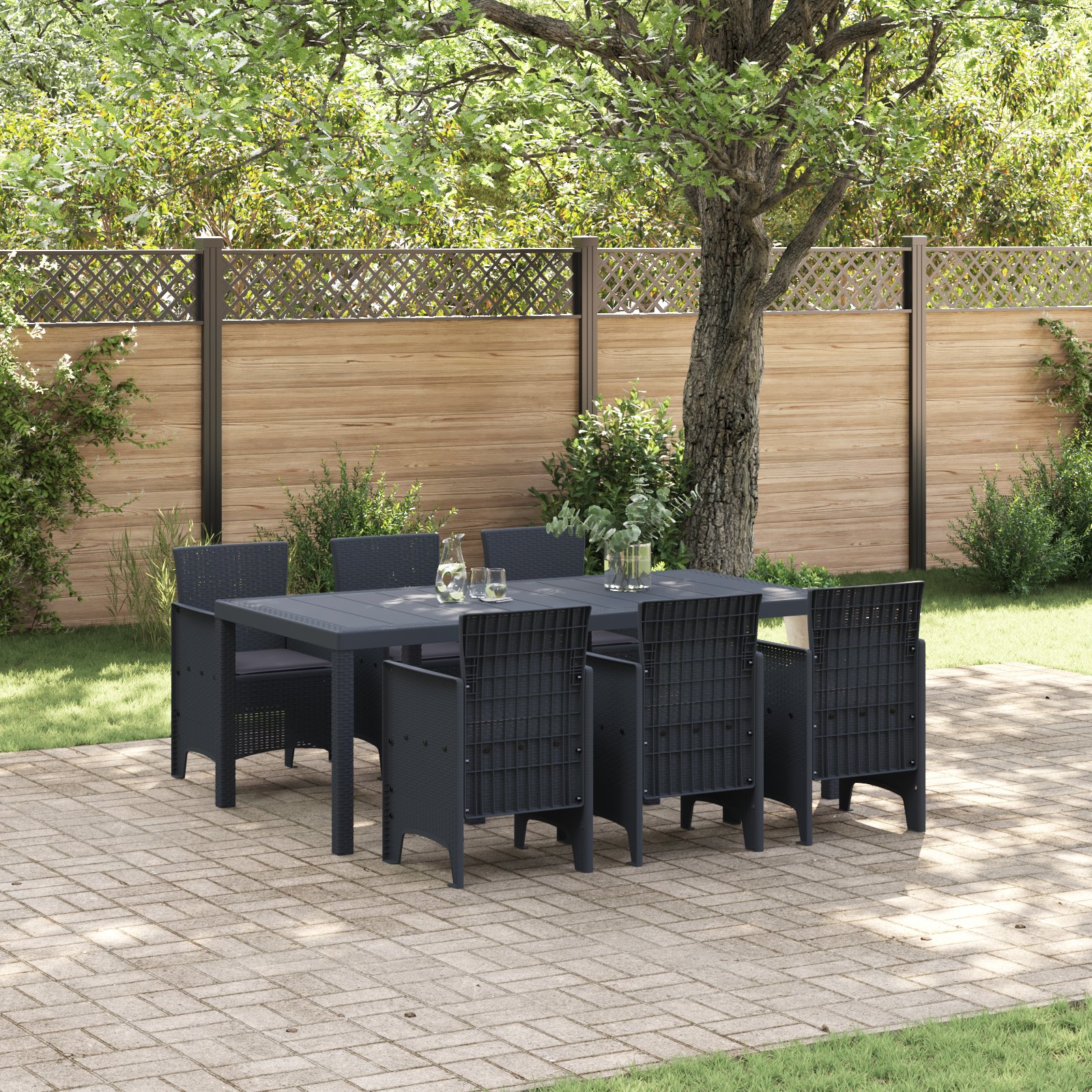 7-teiliges Garten Esstischset mit Kissen Anthrazit Poly Rattan