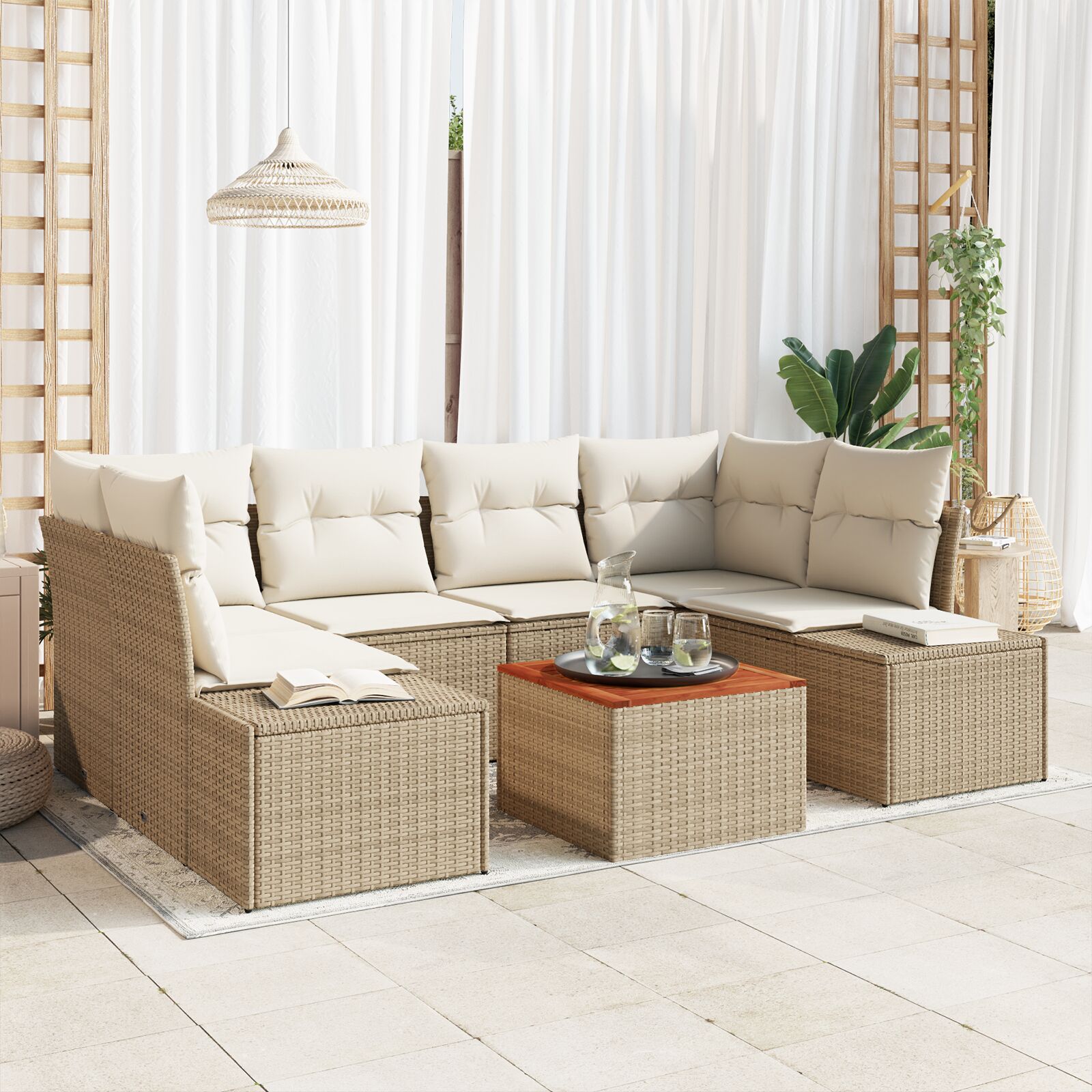 Garten-Sofa-Set 7 Teile Beige Poly Rattan Outdoor-Sofa-Set Garten-Sofa-Set 7 Teile Beige Poly Rattan Outdoor-Sofa-Set