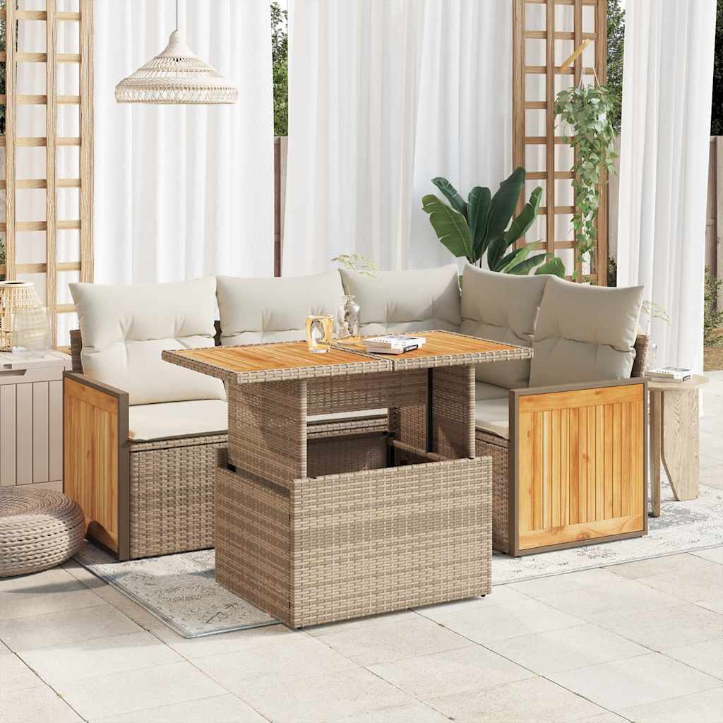 5-tlg. Garten-Sofagarnitur mit Kissen Beige Poly Rattan Akazie 5-tlg. Garten-Sofagarnitur mit Kissen Beige Poly Rattan Akazie