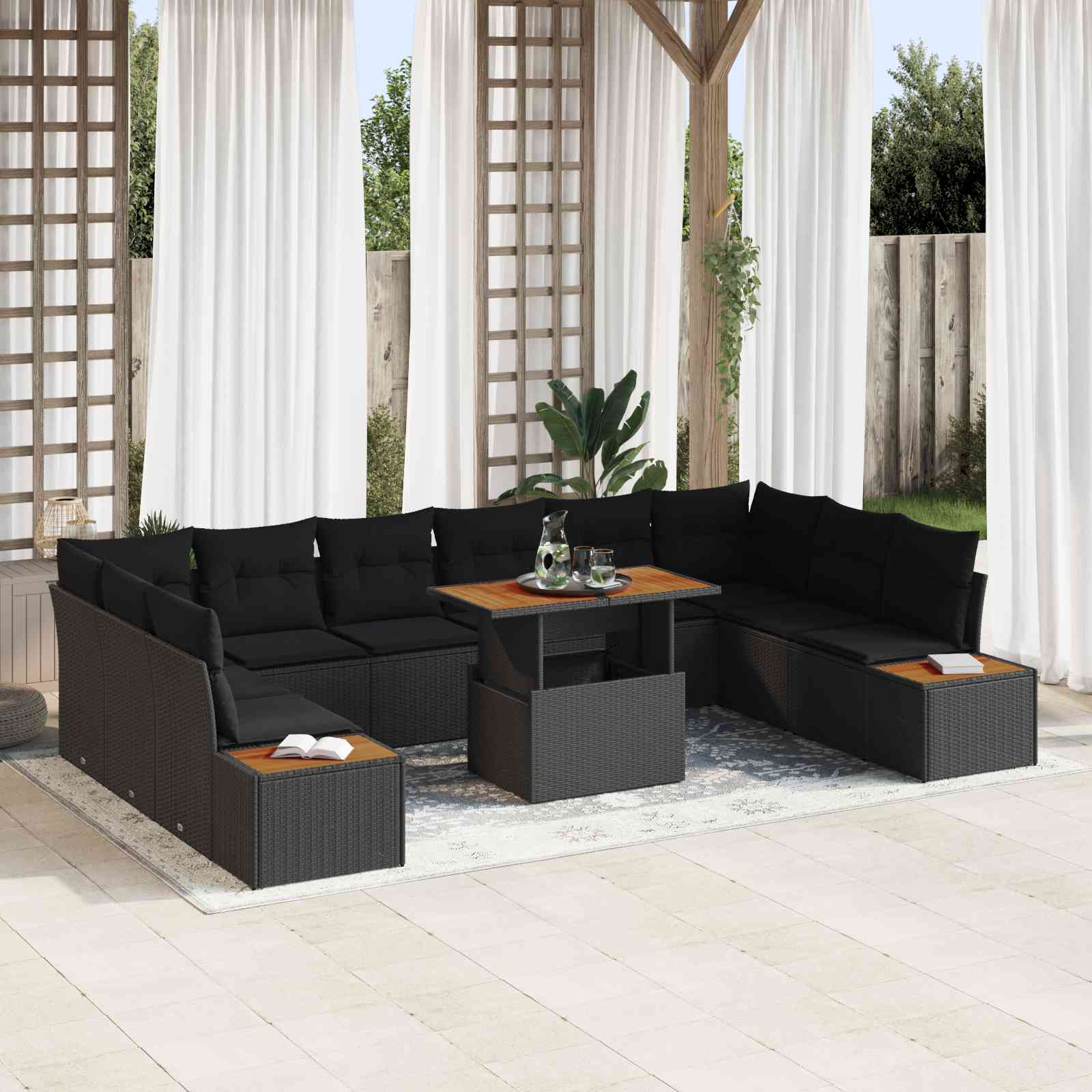 11-teiliges Garten Essset mit Kissen Schwarzes Poly-Rattan Akazie 11-teiliges Garten Essset mit Kissen Schwarzes Poly-Rattan Akazie