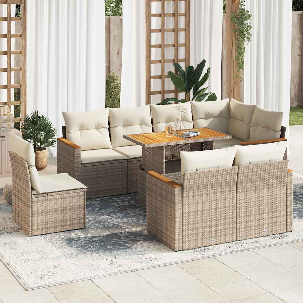 9-tlg. Garten-Sofagarnitur mit Kissen Beige Poly Rattan Akazie 9-tlg. Garten-Sofagarnitur mit Kissen Beige Poly Rattan Akazie