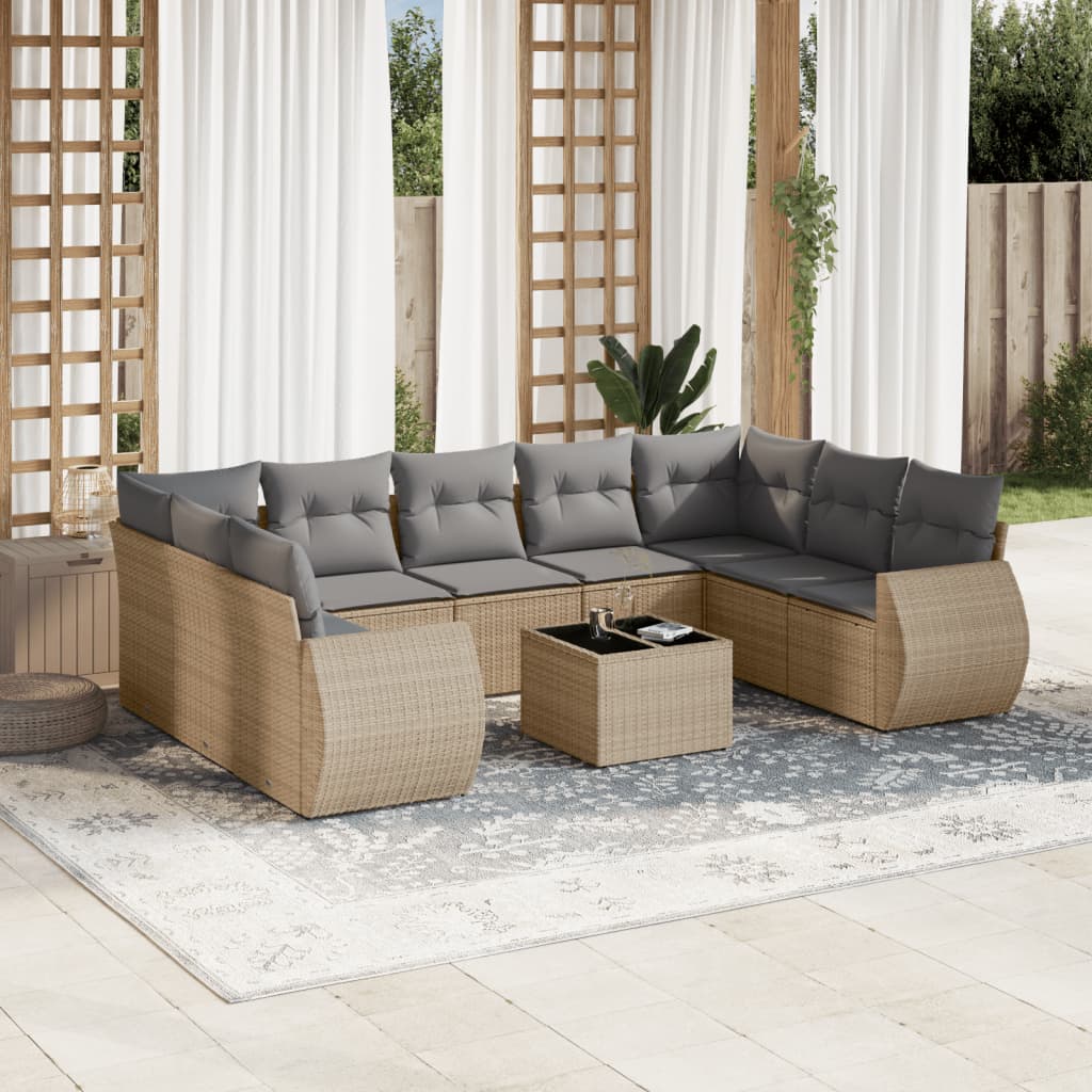 10-tlg. Garten-Sofagarnitur mit Kissen Beige Poly Rattan 10-tlg. Garten-Sofagarnitur mit Kissen Beige Poly Rattan
