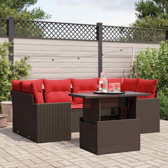 7-teiliges Gartensofa-Set mit Kissen, braun, Polyrattan 7-teiliges Gartensofa-Set mit Kissen, braun, Polyrattan