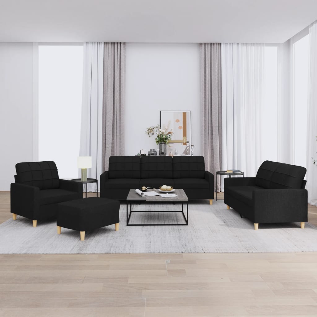4-tlg. Sofagarnitur mit Kissen Schwarz Stoff 4-tlg. Sofagarnitur mit Kissen Schwarz Stoff