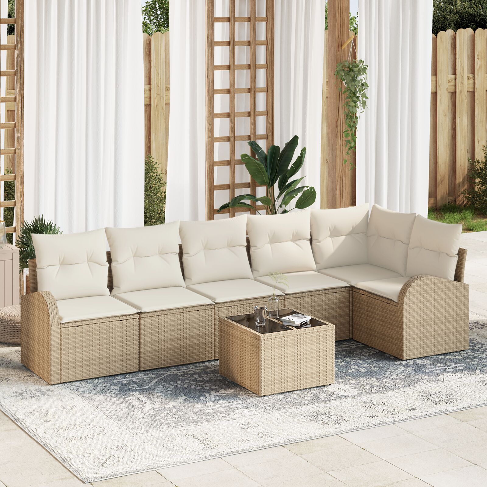 7-teiliges Garten Sofa Set mit Kissen Braunes Poly Rattan 7-teiliges Garten Sofa Set mit Kissen Braunes Poly Rattan