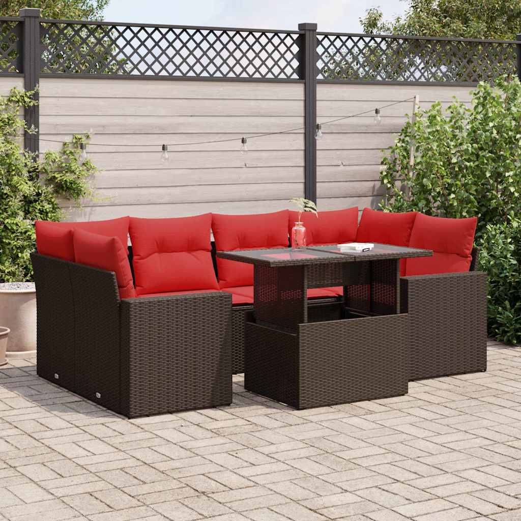 7-tlg. Garten-Sofagarnitur mit Kissen Braun Poly Rattan Akazie 7-tlg. Garten-Sofagarnitur mit Kissen Braun Poly Rattan Akazie