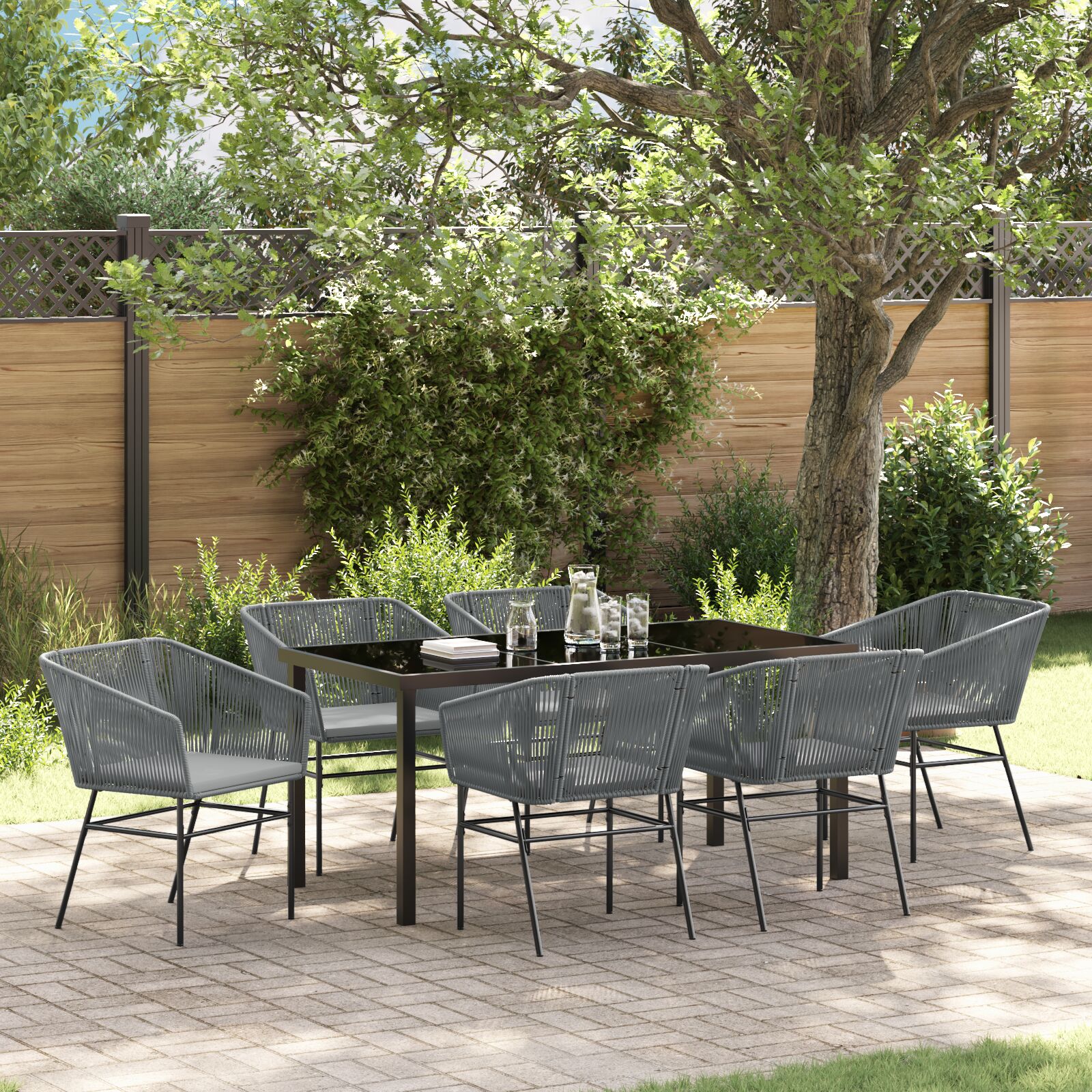 2-teiliges Garten-Essset mit Kissen Grau Poly-Rattan