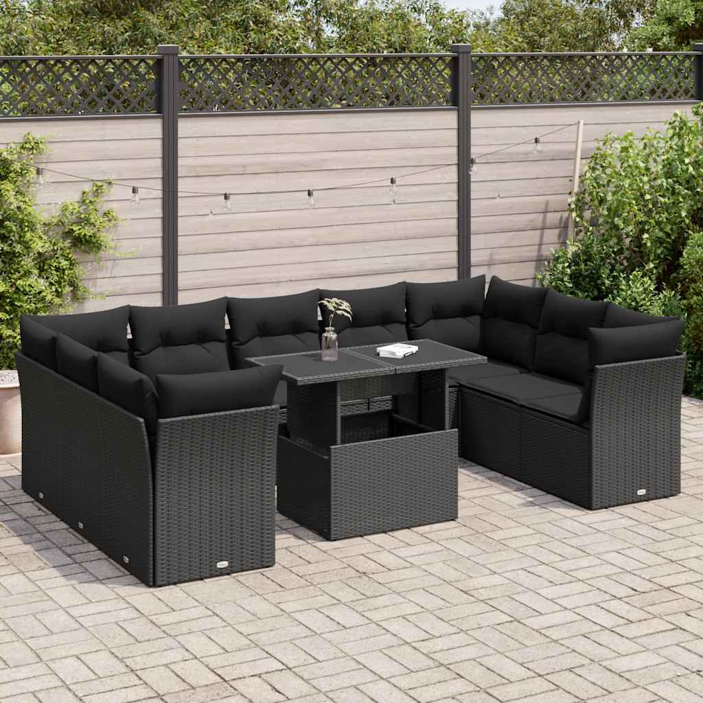 10-tlg. Garten-Sofagarnitur mit Kissen Schwarz Poly Rattan 10-tlg. Garten-Sofagarnitur mit Kissen Schwarz Poly Rattan