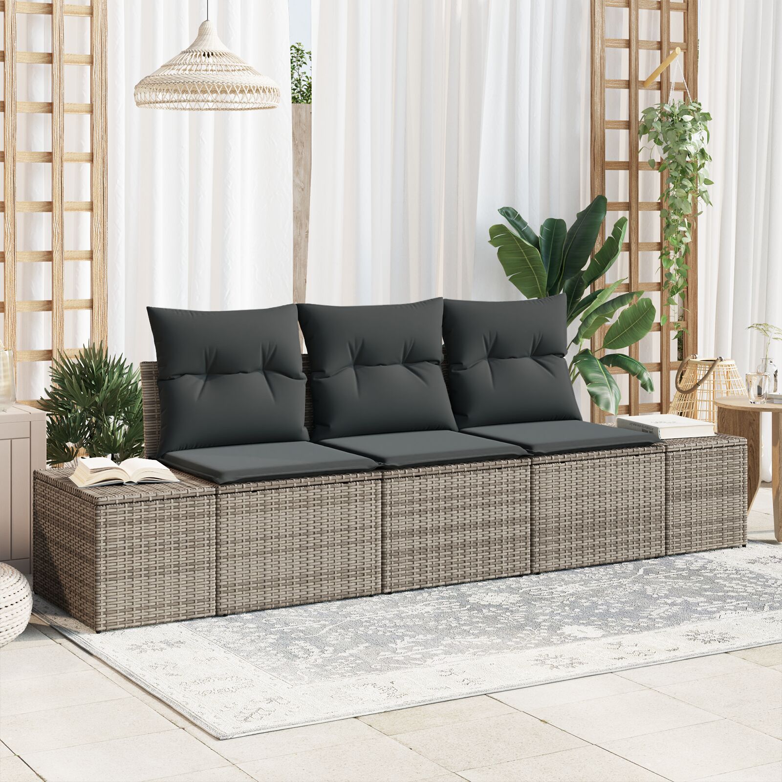 3er Garten Sofa Set mit Kissen Grau Poly Rattan 3er Garten Sofa Set mit Kissen Grau Poly Rattan