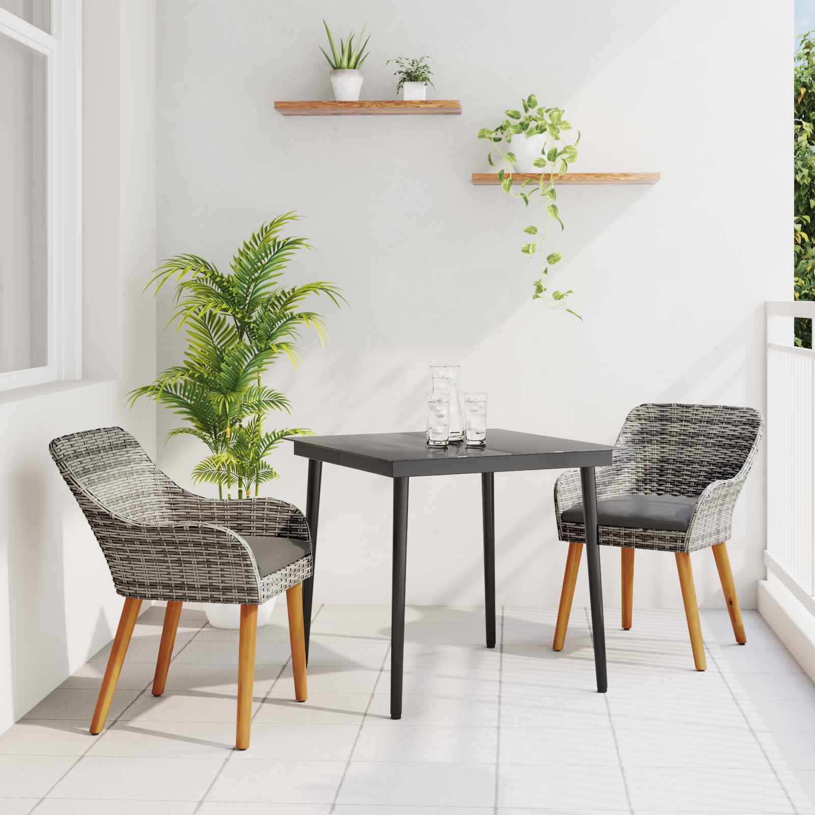 3-teiliges Garten Essset Grau Poly Rattan