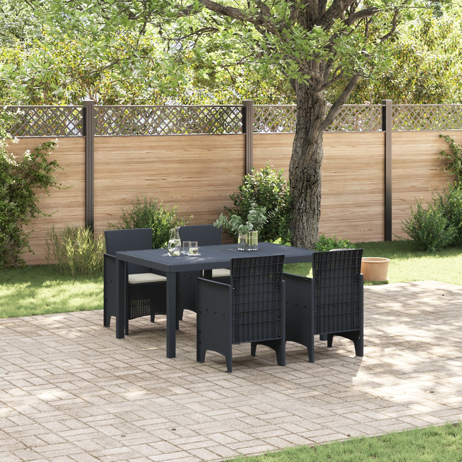 5-teiliges Garten Essset mit Kissen Anthrazit Poly Rattan