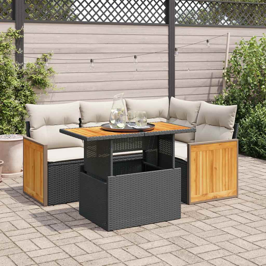 5tlg. Garten-Sofagarnitur mit Kissen Schwarz Poly Rattan Akazie 5tlg. Garten-Sofagarnitur mit Kissen Schwarz Poly Rattan Akazie