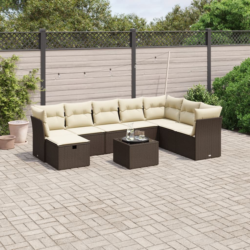 9-tlg. Garten-Sofagarnitur mit Kissen Braun Poly Rattan 9-tlg. Garten-Sofagarnitur mit Kissen Braun Poly Rattan